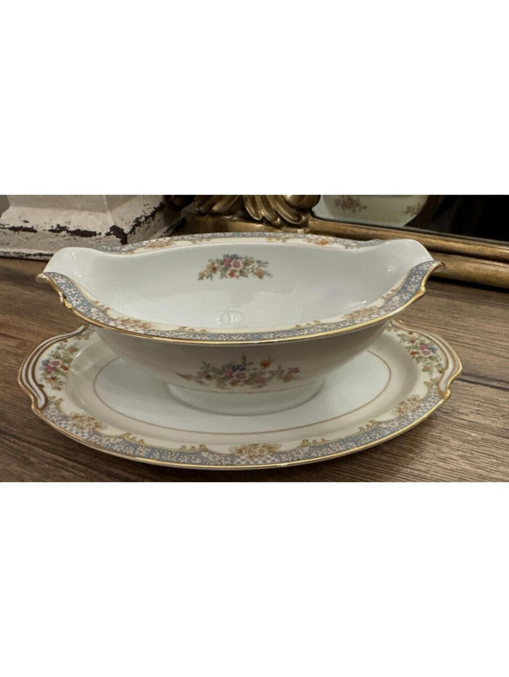 Noritake Naomi Gravy Boat w/ Attached Underplate – Blue Floral & Gold Trim